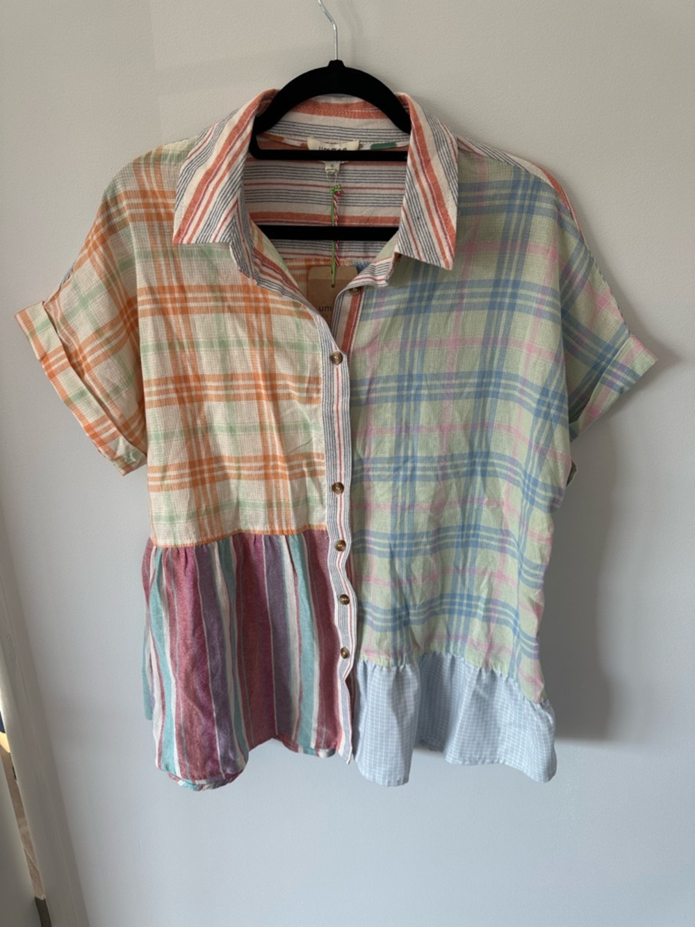 Umgee Pastel Plaid Button-Up Patchwork Top in Multicolor